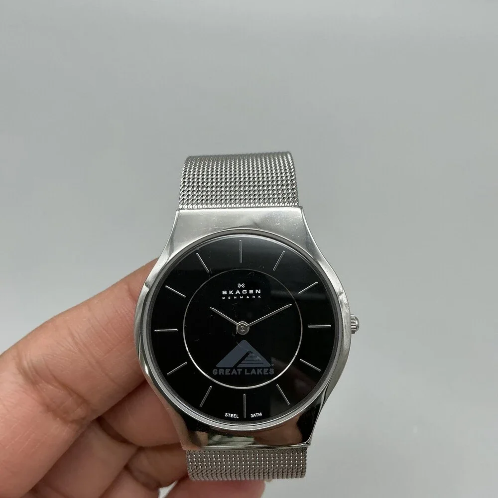 Skagen Mens Watch 34mm Black Dial Great Lakes Logo Mesh Stainless New Battery